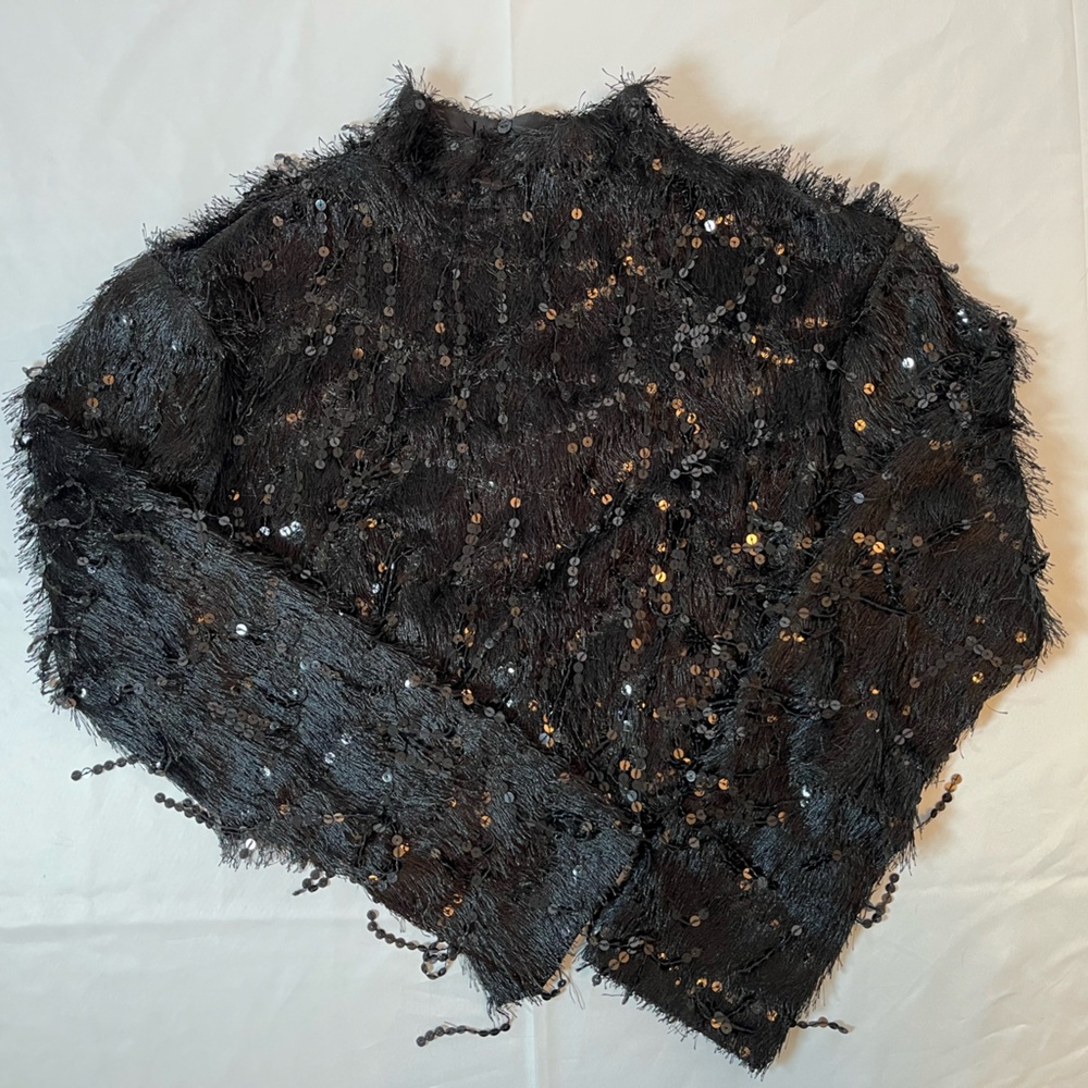 H&M Black Sequin Fringe Mock Neck Top | Party Night Out